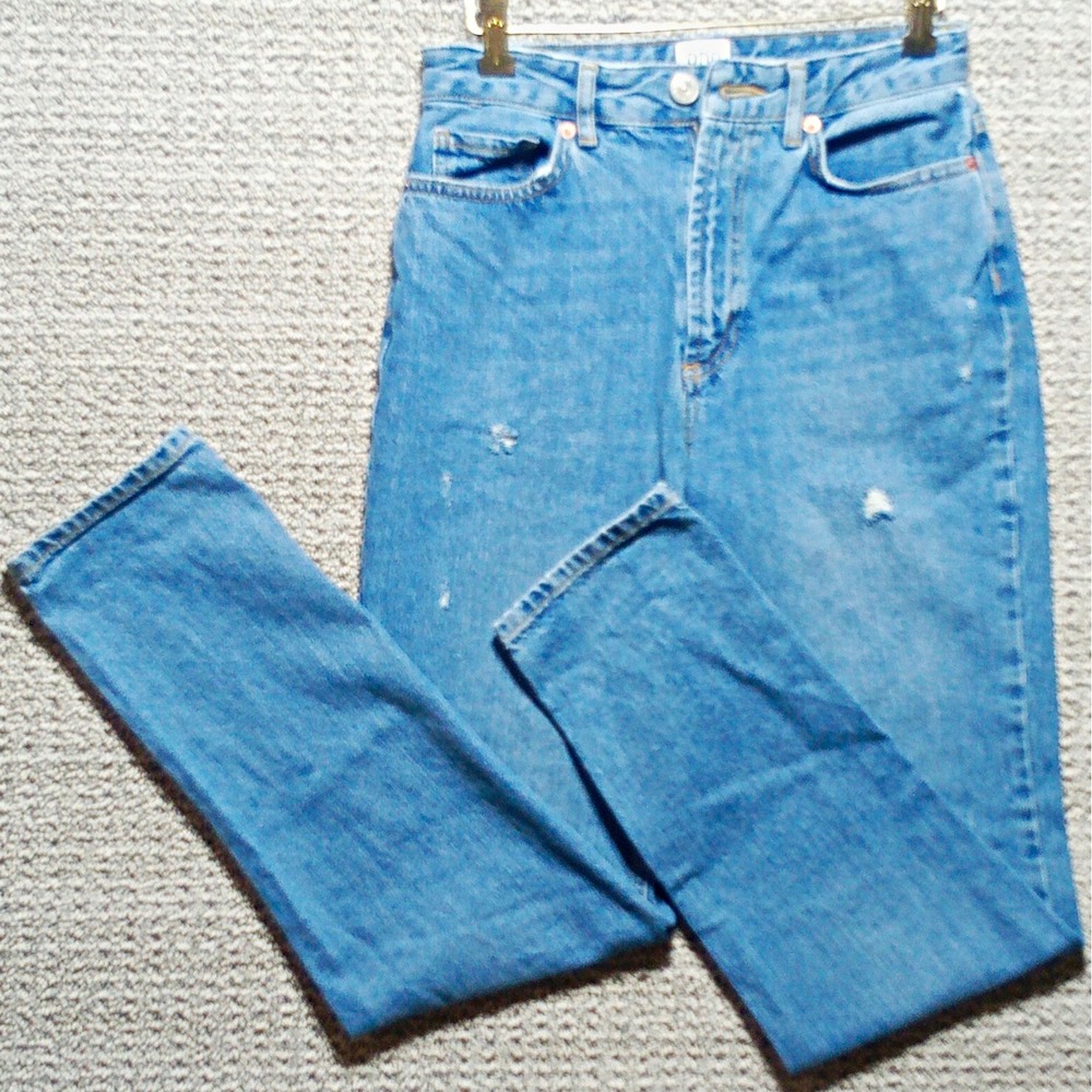 BDG Women's Blue Medium Wash High Rise Distressed Mom Denim Jeans Pockets #j7